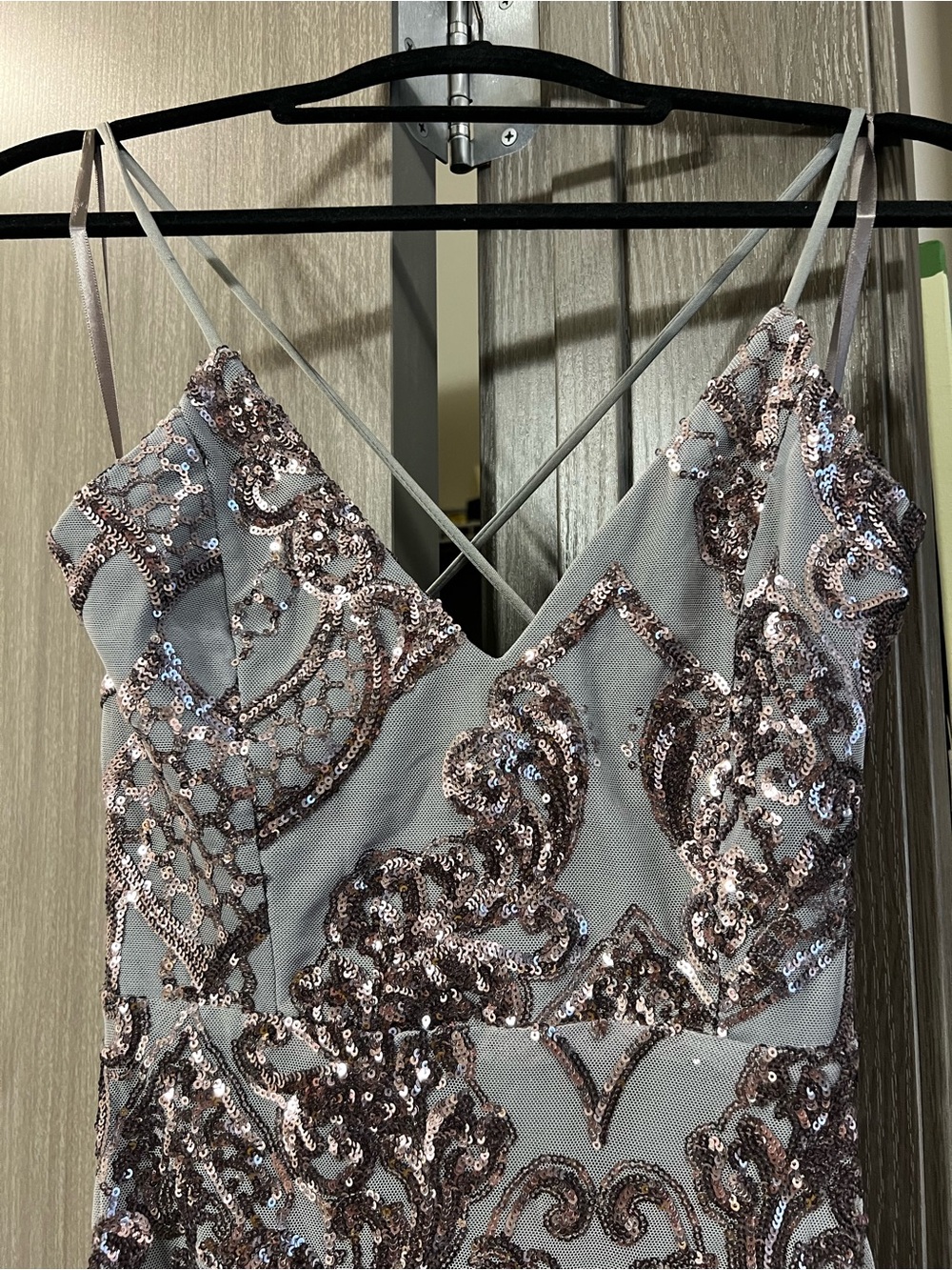 Embellished Silver Sequin Maxi Dress with Lace-Up Back